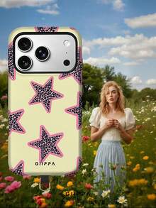GIIPPA 1套黃色底豹紋星星設計手機殼+墊片，適用於Phone 17 Pro Max，相容Phone 16 Pro Max、15 Pro Max、14 Pro Max，韓系高端時尚趣味手機殼，相容11/12/13/14/15/16 Pro Max Plus，優雅設計男女皆宜，聖誕節、情人節、復活節、婚禮季與生日送女友的完美禮物 - 黃色 - 查看 7