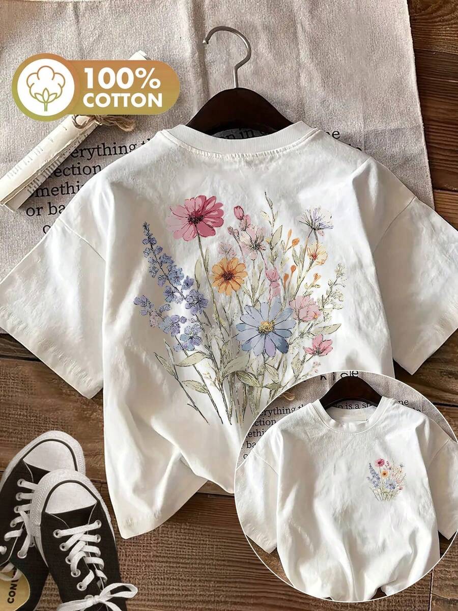 Weihnachten Unisex Frühling Sommer Aquarell Wildblumenstrauß Print-Shirt, doppelseitiger Druck, rein, heißer Artikel