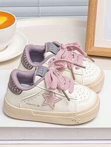 1 Pair Korean Style Toddler Girls Star Pattern Low-Top Lace-Up Sneakers, INS Style Colorblock Canvas Casual Versatile Sports Shoes - Purple - View 6