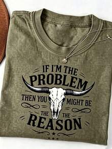 Unisex Washed Distressed T-Shirt Cotton Blend Casual Oversized Tee.Women'S Washed T-Shirt "If I Am Problem, Then You May Be The Reason" |   Weste - 綠色 - 查看 8