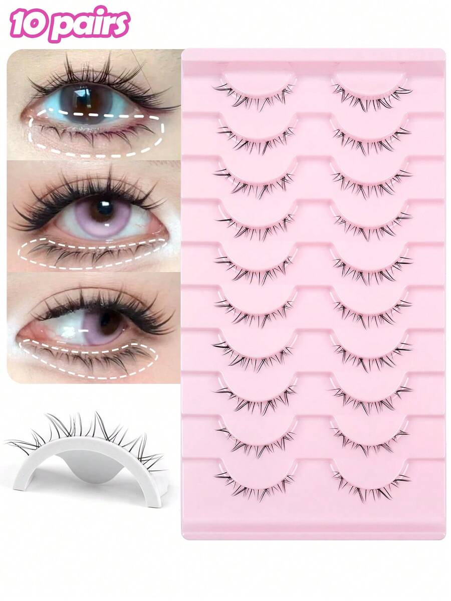 MAANGE 10 Pairs Transparent Thin Natural Lower Eyelashes, Japanese Anime Style Exaggerated Pointed DIY Cosplay Lower Eyelashes, Reusable For Women And Girls, Comfortable Wear, Lower Eyelashes, Strip Lashes - Multicolor - View 1
