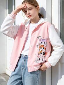 Girl's Cartoon Cat Heart Print Hooded Jacket, Casual Long Sleeve College Style Jacket, Suitable For Spring And Autumn Daily Wear And Outdoor Activities. - Pink - View 3