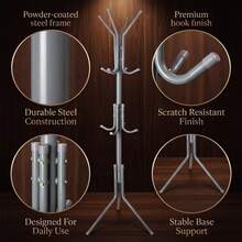Aafan Freestanding Metal Coat Tree Rack, Multi Hook Clothes Stand Hanger For Hats Scarves Jackets, Sturdy Powder Coated Steel Tree Coat Rack For Entryway Bedroom Office, Space Saving Standing Garment Organizer, Grey - View 10