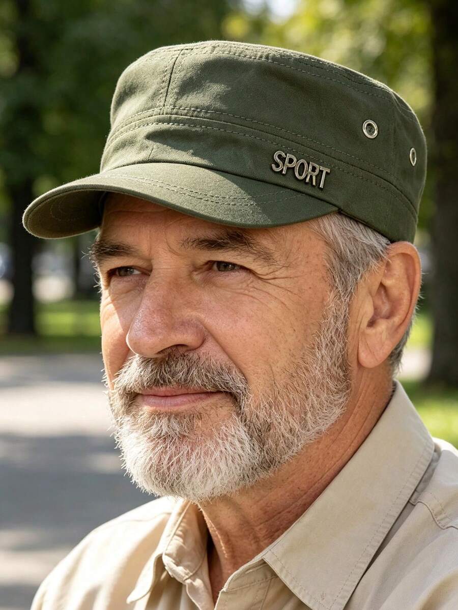 Men's Flat Top Military Cap, SPORT Metal Letter Military Style Hat, Solid Color Breathable Casual Outdoor Sun Hat - Sport Flat Top - View 1