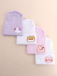 4 Packs Cartoon Animal Patch Baby Beanies, Elastic Ribbed Cuff Knit Newborn Hats Unisex Infant Casual Everyday Headwear - Multicolor - View 6