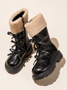Autumn/Winter Girls' Lamb Wool Mid-Calf Boots, Bow Design Side Zipper Children's Boots - Black - View 3