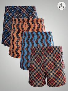 4pcs Men's Plaid Print Boxer Briefs, Elastic Loose Pajama Pants, Casual Comfortable Boxer Shorts, Elastic Waistband, Multi-Color Assortment - Multicolor - View 1