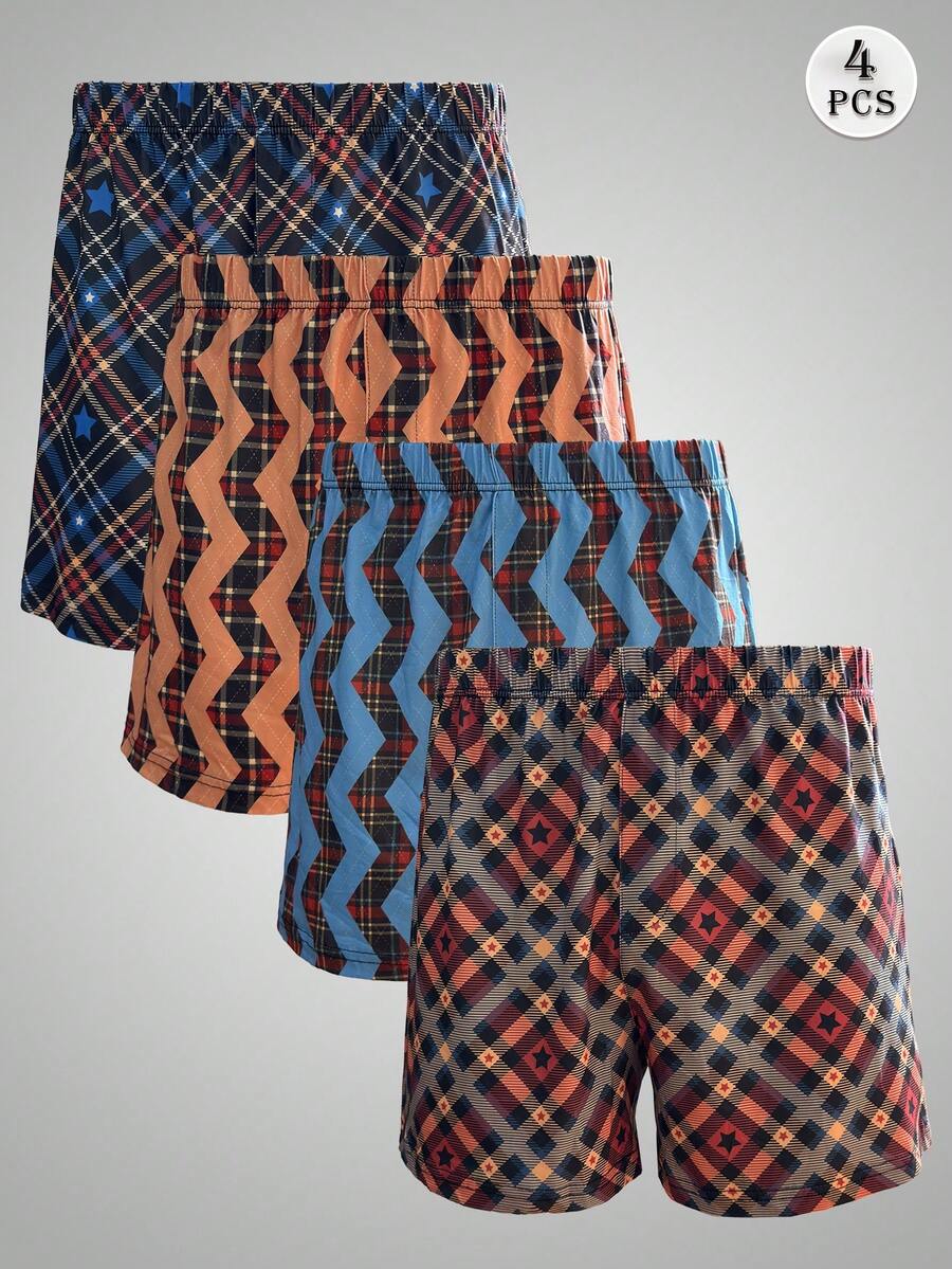4pcs Men's Plaid Print Boxer Briefs, Elastic Loose Pajama Pants, Casual Comfortable Boxer Shorts, Elastic Waistband, Multi-Color Assortment - Multicolor - View 1