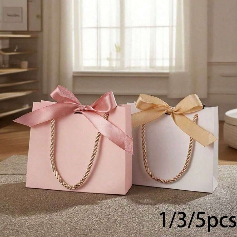 1/3/5pcs Gift Bag With Handle, Ncludes Ribbon, Suitable For Teen Party, Birthday, Valentine's Day And Wedding Gift Packaging, White - Multicolor - View 1