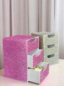 Rhinestone 3-Layer Mini Desktop Drawer Storage Box, Jewelry & Cosmetics Organizer, Mini Desktop Drawer Storage Box, Desktop Organizer, Room Decor, Plastic Multi-Layer Jewelry & Cosmetics Storage Box; No Power Required, Suitable For Vanity, Bedroom, Office And Daily Items Storage, Ideal Choice For Home And Vanity. Holiday, Birthday, Teacher's Day Gift, Back To School Essentials - Multicolor - View 6