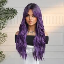 24 Inch Long Body Wave Purple Wig With Curtain Bangs, Heat Resistant Synthetic Wig Dark Black Root Violet Loose Curly Wigs For Women, Natural Looking Fashion Wig For Daily Party Cosplay - Multicolor - View 5