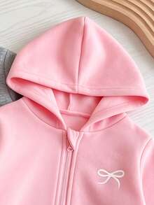 Baby Girls 2pcs Set Grey & Pink Bow Print Minimalist Long Sleeve Hooded Zip-Up Jacket, Solid Color Ribbed Cuffs Casual Fashion Outdoor Cardigan Top - Multicolor - View 3
