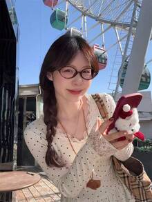 甜美蕾絲飾邊波點女款基礎層上衣 秋季韓風蝴蝶結內搭長袖T恤 夏季 - 杏色 - 查看 2