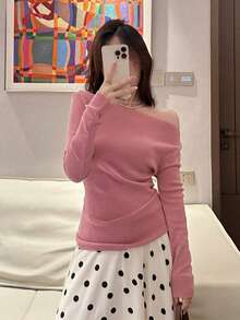 Y6Y 2026 New Autumn Fashion Versatile Commute Pink Cold Shoulder Off-Shoulder Long Sleeve Women's Knit Top - Pink - View 6