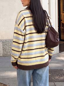 VIBEWAVE Colorblock Striped Polo Collar V-Neck Drop Shoulder Loose Pullover Sweater Women Spring Autumn Vintage Preppy Style Casual Knit Top - Multicolor - View 6