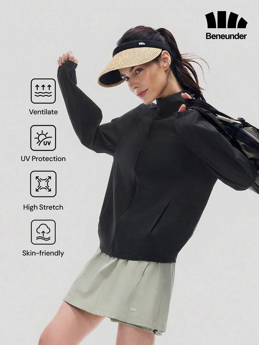 Jaket Pelindung Matahari Cepat Kering dan Nyaman untuk Wanita Beneunder (Potongan Longgar, Kerah Tegak) AL002 - Hitam - View 1