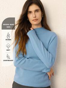 Suéter de mujer 100% lana merino 2026 otoño nueva ropa de mujer cuello enrollado medio cuello alto suéter de punto pullover de mujer otoño/invierno punto otoño - Azul del lago - Ver 4