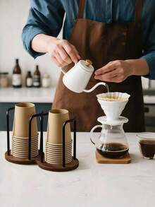 1pc Solid Tone Disposable Cup Holder, Modern Style Wood & Metal Material Double Slot Shape With Curved Frame Detail, Neat Storage Function Paper Cup Dispenser, For Cafe Kitchen Counter Home Office Daily Use All Season Tabletop Decor - Multicolor - View 4