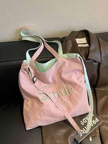 甜美高吸引力字母刺繡 Ins 風格女款單肩斜挎包，小眾時尚百搭設計，可愛甜美女孩雙面大容量托特包 - 粉色 - 查看 4