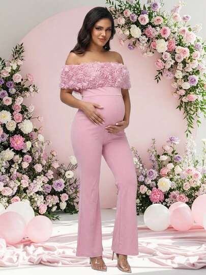 JustVH Bộ jumpsuit trễ vai họa tiết hoa 3D cho bà bầu, phong cách thanh lịch, phù hợp chụp ảnh tiệc đón em bé, màu hồng mùa hè