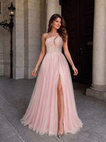 VIPGIRL Sequin Contrast Mesh Panel High Slit Maxi Evening Gown Elegant Formal Prom Wedding Guest Dress, For Graduation, Dinner Party Dress Spring Pink - Pink - View 3