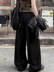 ZZG 春夏女款趣味「鯉魚花」圖案印花街頭休閒通勤 Y2K 風格黑色前口袋簡約日常直筒長褲 - 黑色 - 查看 2