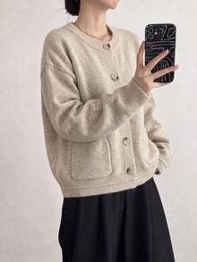 Cardigan Pendek Rajut Nyaman untuk Wanita, Kancing Depan, Sweater Lengan Panjang Kerah Bulat, Cocok untuk Pakaian Musim Gugur/Musim Dingin - Aprikot - View 4