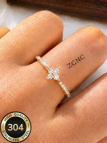 ZCNC Znice 2026 新款 304 不鏽鋼 18K 金鍍層可疊戴戒指組，女款，3 件套三葉草與滿鑽個性化戒指，低過敏極簡主義珠寶，完美母親節禮物，夏季度假配件 - 金色10 - 查看 4