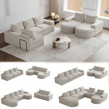 Chenille Sofa With Curved Elements And Chaise Lounge, Fully Compressed And Without Frame - Beige - View 5
