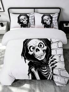 Blissful 3pcs Halloween Duvet Cover Set, Halloween Theme Comfortable Bedding Set, High-Definition Digital Print, Playful Skeleton Pattern, 1pc Duvet Cover With Four Corner Ties And Easy-To-Remove Zipper + 2 Pillowcases With Pockets, No Filling In Pillowcases And Duvet Cover, Suitable For Bedroom, Dorm (Boys And Girls Dorm Bedding) Or Travel - Black and White - View 8