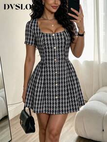 DVSLOE Women Y2K Elegant Retro Houndstooth Jacquard French Square Neck Fall Dress For Date Party, Daily Commute, Casual Gathering, Dinner - Black - View 5