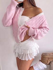 Korean Style Cute Sweet & Spicy Slouchy Vibe, Women's Pink Cable Knit Contrast Collar Cardigan, Long Sleeve Round Neck Button Front Knit Sweater, Autumn Daily Commute Casual Loose Basic Style, Back To School Season - Pink - View 3