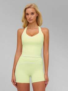 MFVIM Women's Colorblock Yoga Set With Double Shoulder Straps, Premium Sports Fitness Outfit For Running And Workout - Limelight Green - View 8