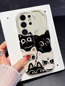 1pc Wavy Edge Cartoon Cat Expression Print Phone Case, Soft TPU Shockproof Protective Cover, Cute Stacked Black And White Kitten Pattern Phone Case Compatible With Samsung, Series Phones - White - View 5
