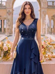 MIUSOL Deep V-Neck Lace Sequin Ruffle Hem High-Low Hem Chiffon Formal Party Dress, Suitable For Wedding Guest, Graduation Ceremony, Gala Spring Elegant - Navy Blue - View 9