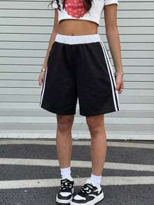 1pc Tween Girls' Casual Sports Elastic Waist Color Block Shorts, Bermuda, Spring Summer Autumn Winter - Black - View 4