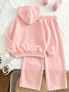 2pcs Girls Outfit Set, Includes Embroidered "NY" Letter Hoodie Jacket And Simple Casual Wide Leg Pants, Comfortable Autumn/Winter Daily Wear - Pink - View 3