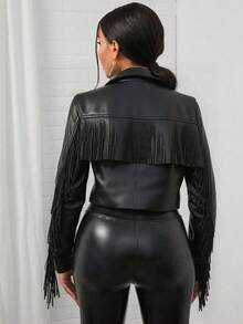 Jaket Kulit Imitasi Pendek Berumbai Gaya Retro Giolshon untuk Wanita dengan Sabuk, Cocok untuk Musim Semi, Gugur, dan Musim Dingin. - Hitam - View 5
