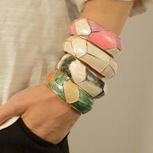 1PC Vintage Gold-Plated Exaggerated Wide Cuff Bracelet For Women, Irregular Colorful Resin Texture Statement BangleParty Gift - Bracelet - View 2