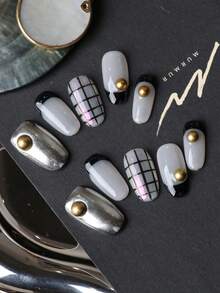 10pcs Press On Nails Silvery Black French Grid Nail Supplies Nails Press On Short Nail Fake Nails Artificial Nails Kit Includes 1sheet Adhesive Tabs &1 Pc Mini File Nail - Multicolor - View 3