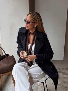 Chaqueta de bolsillo de longitud media para mujer, diseñada para el transporte en primavera y otoño, color negro - Negro - Ver 1