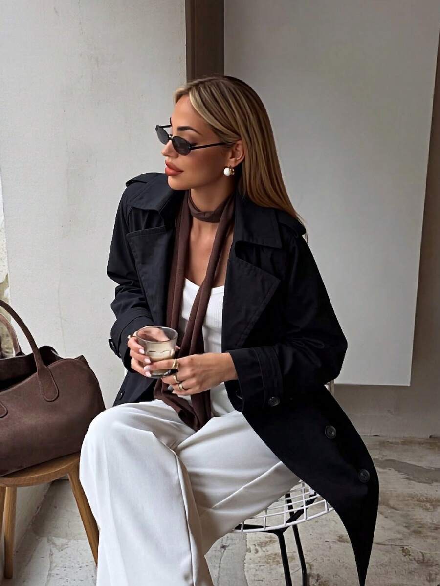 Chaqueta de bolsillo de longitud media para mujer, diseñada para el transporte en primavera y otoño, color negro - Negro - Ver 1