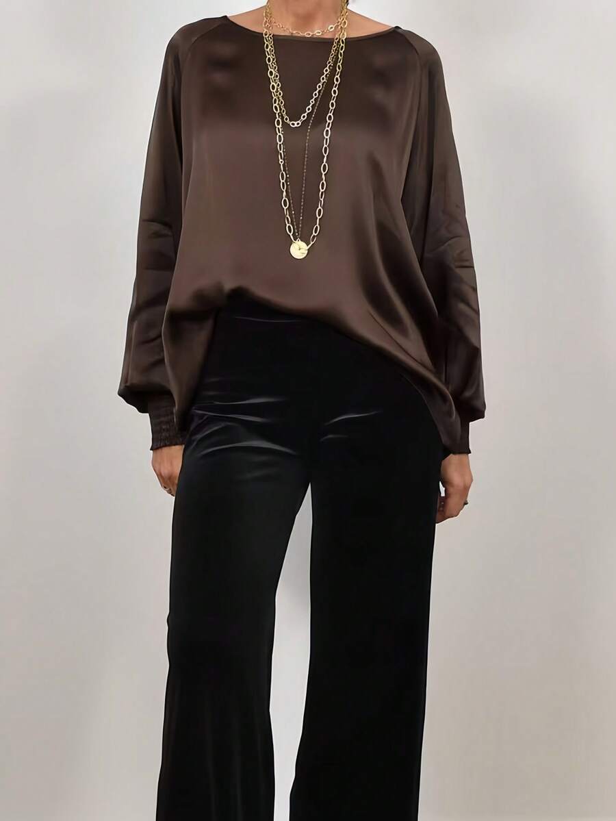 Women's Plus Size Fashion Elegant Satin Round Neck Loose Shirred Elastic Cuff Top, Suitable For Spring Summer Autumn Daily Wear, Vacation, Casual, Holiday, Commuting - Coffee Brown - View 1