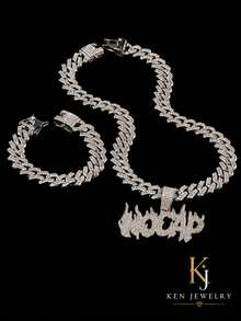 European And American Hip-Hop Flame NO CAP Letter Full Rhinestone Cuban Chain Set, Men's Zirconia Inlaid Necklace And Bracelet 2 Pieces Set, Gold And Silver Dual-Tone Rap Streetwear Accessories, Boyfriend Gift - NO CAP - View 10