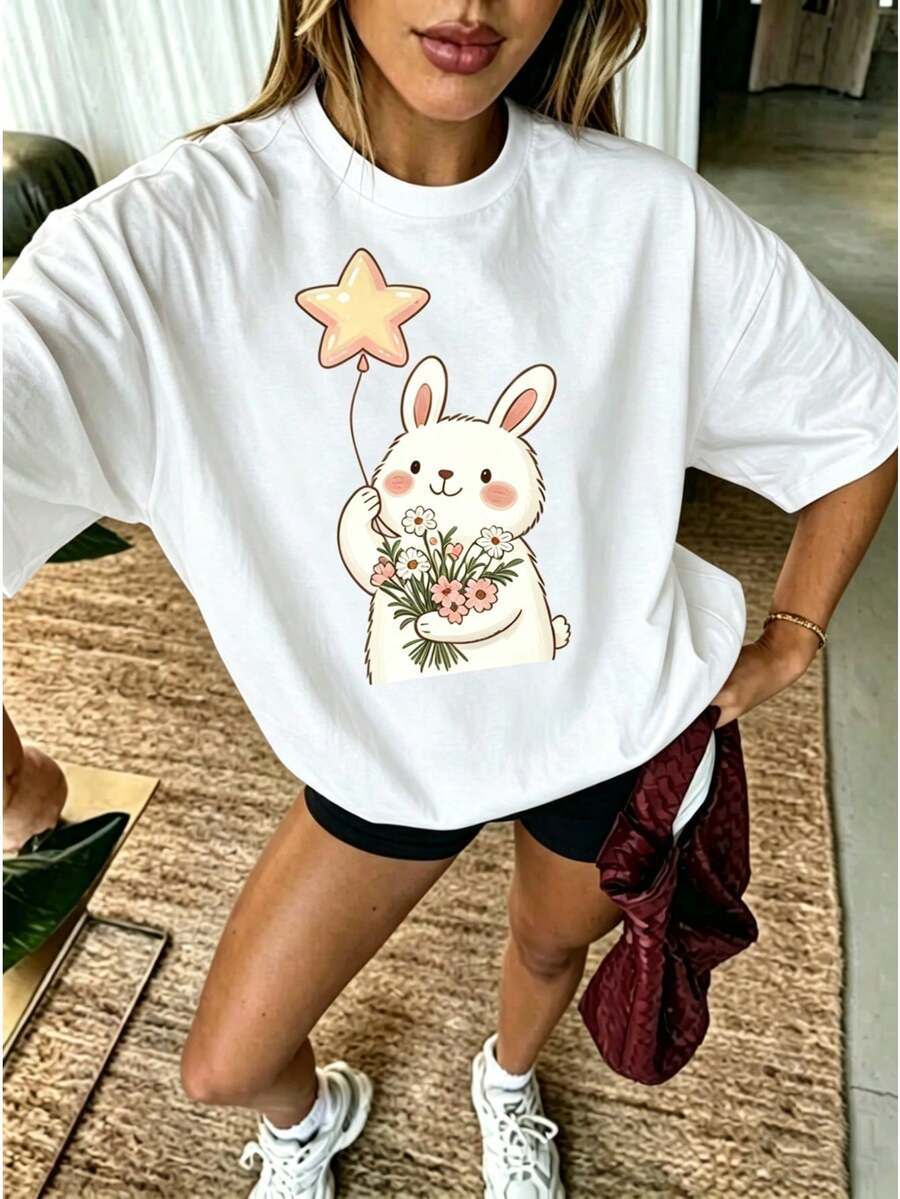 Oversized Bunny Graphic T-Shirt For Women, Aesthetic Print With Stars, Balloons And Rabbit, Preppy Style, Soft, Casual, Short Sleeve, - White - View 1