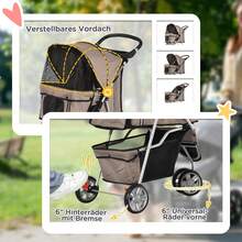PawHut Hundewagen Hundebuggy klappbar für Hunde & Katzen bis 10 kg Katzenbuggy mit Kissen Netzfenstern Getränkehalter Aufbewahrungstasche Katzenwagen Buggy Dunkelgrau RCQT - Kaffeebraun - Übersicht 6