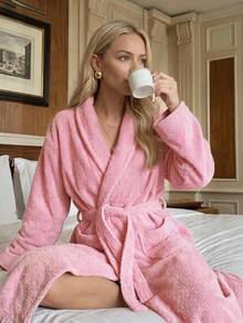 Bathrobe Soft Touch Contain Cotton Bathrobe For Women & Men - Made In Turkey, Lightweight, Absorbent, Comfortable Bath Robe - Rose Red - View 2