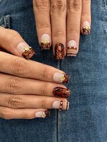 10 Peças/Conjunto Unhas Y2K Feitas à Mão, Unhas Fofas, Unhas Marrons, Unhas Olho de Gato Marrom, Unhas de Joias 3D & Unhas de Leopardo, Perfeitas para Festas & Uso Diário. Unhas Quadradas Curtas. Unhas Postiças Quadradas Feitas à Mão, Unhas Falsas, Unhas Acrílicas, Unhas Curtas, Unhas de Verão - Multicolorido - Visão 4