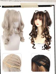 Light Cream Blonde Long Curly Wig With Bangs Detachable Twin Ponytail Synthetic Heat Resistant Wig For Women Lolita Anime Cosplay Halloween Party - Multicolor - View 7