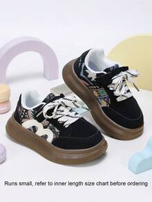1 Pair Kids Black Fabric Patchwork Hook & Loop Lace-Up 2-Way Wear Sneakers, Suitable For Outdoor Sports And Vacation - Black - View 2